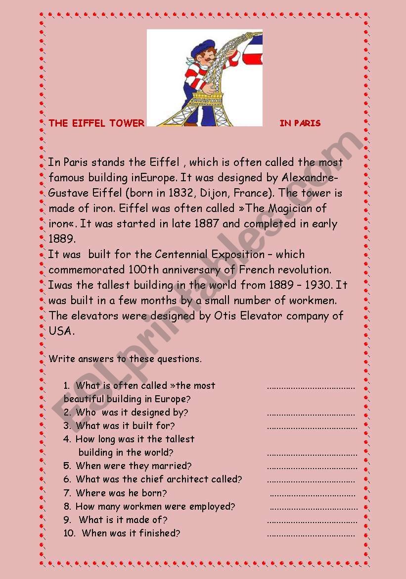 THE EIFFEL TOWER worksheet