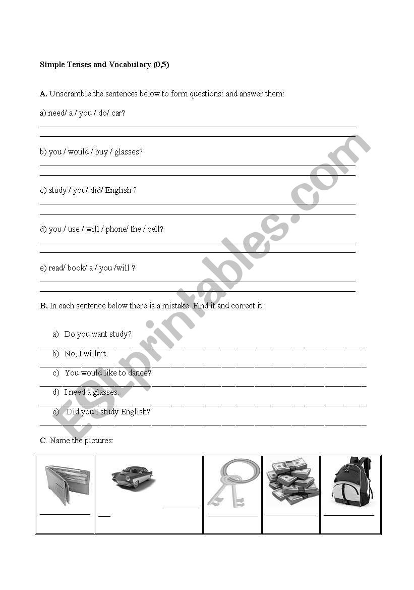 Simple Tenses and Vocabulary worksheet