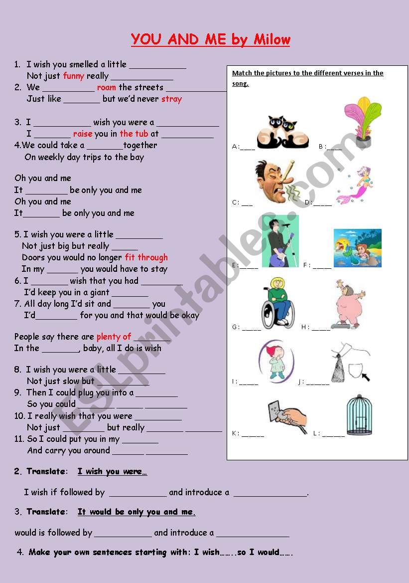 You and Me by Milow worksheet