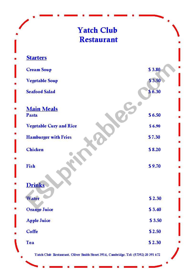 Menu worksheet