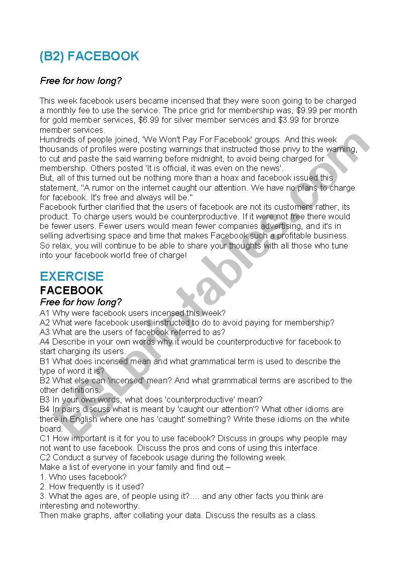 Facebook worksheet