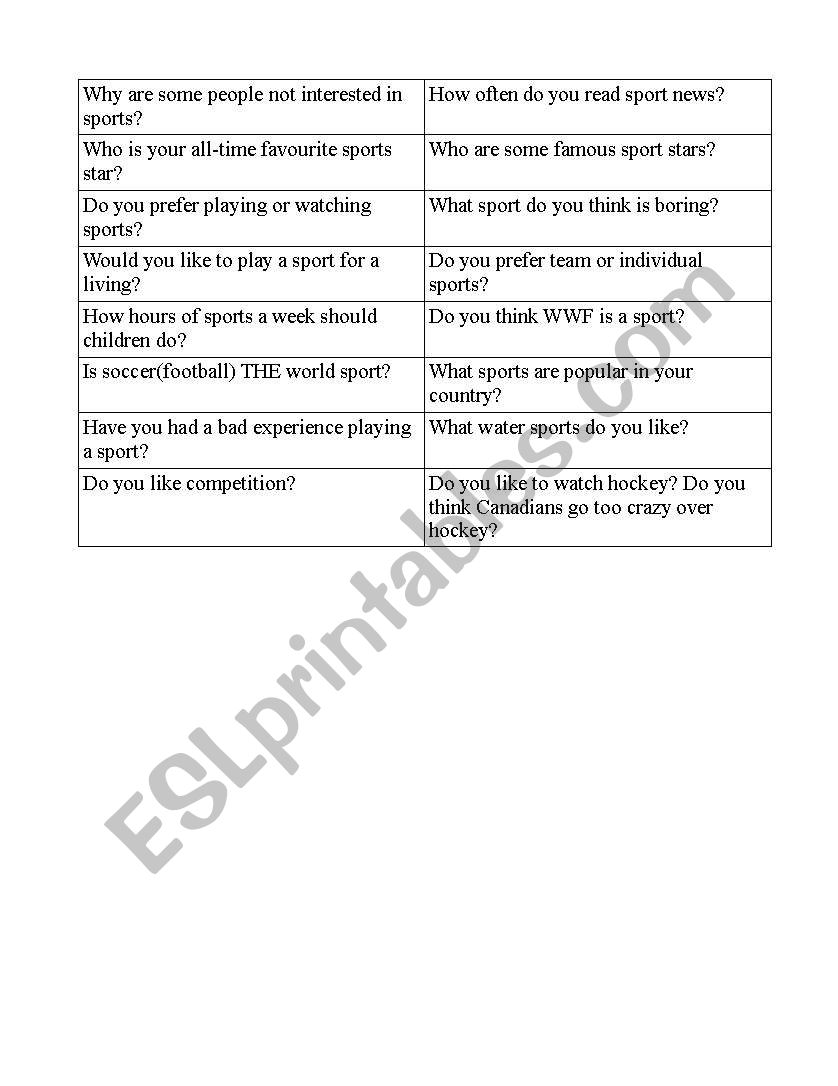 Sports line up worksheet