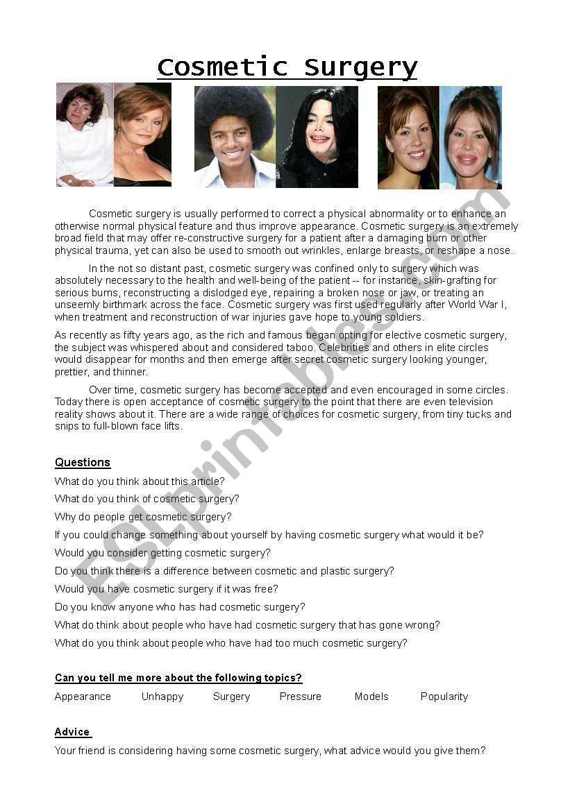 Cosmetic Surgery worksheet