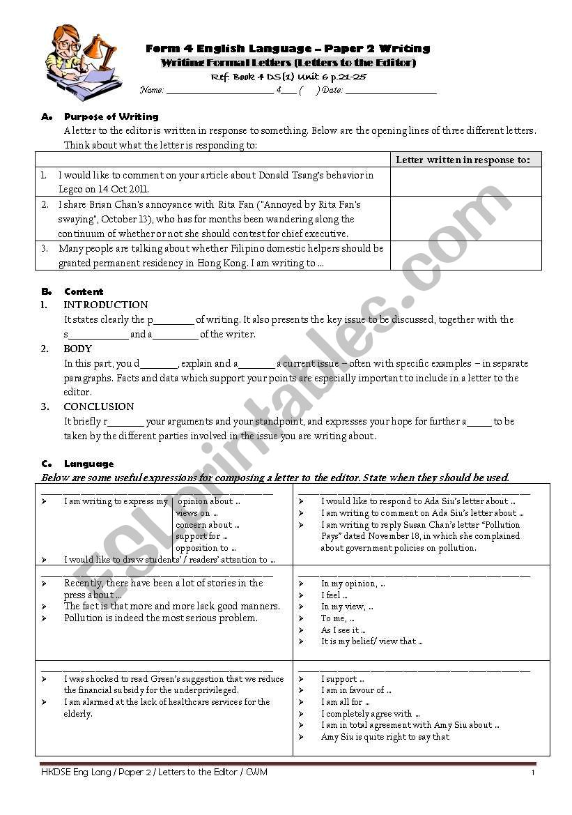 Letters to the Editor worksheet