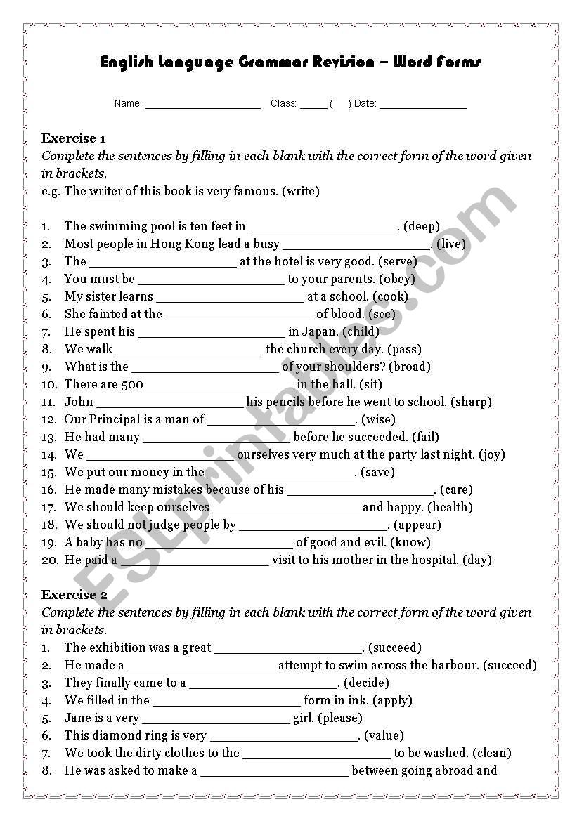 Word Forms Exercise - ESL worksheet by mandy_cwm