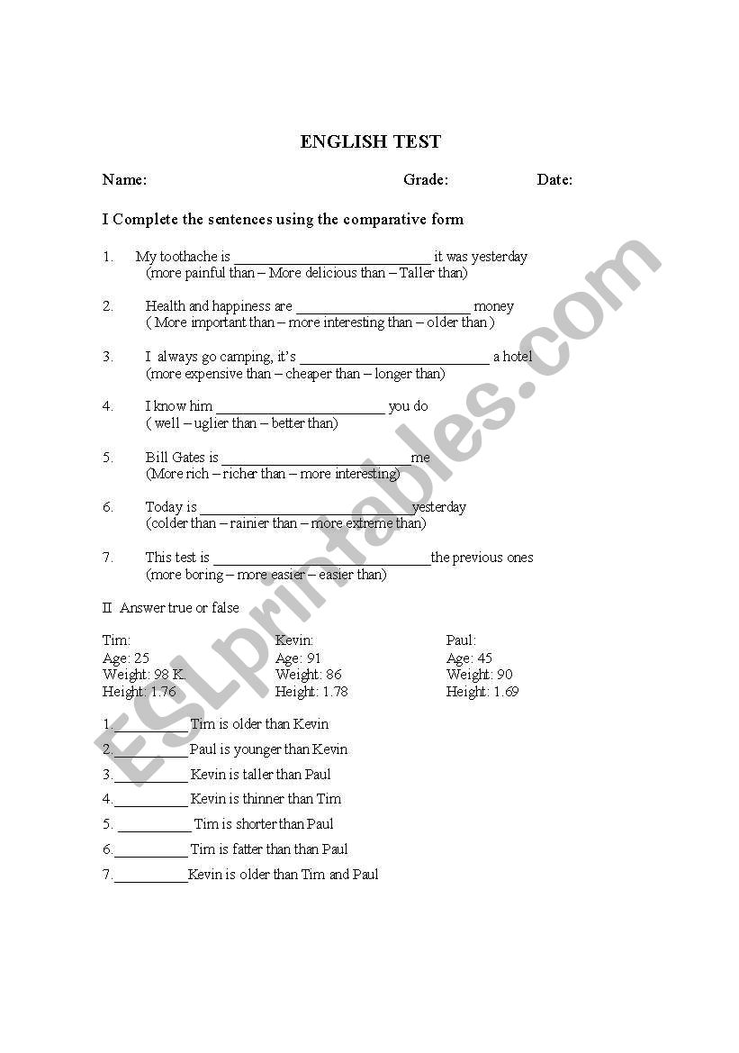 Comparatives and superlatives Test