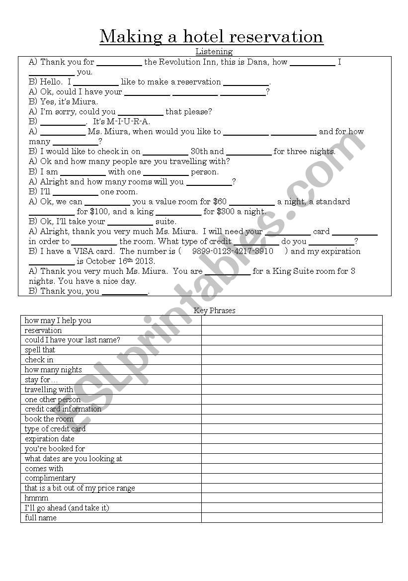 Hotel Reservation Worksheet worksheet