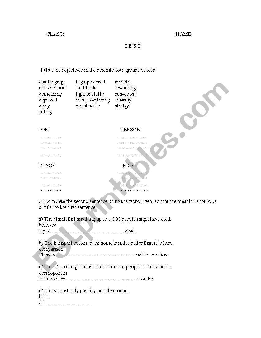 Test yourself worksheet