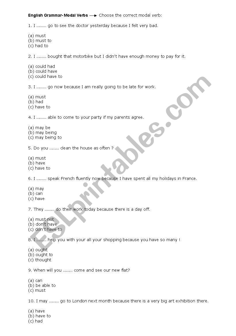 Grammar exercise on modals worksheet