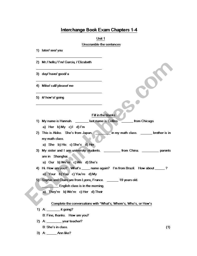 Interchange Book Exam Chapters 1-4