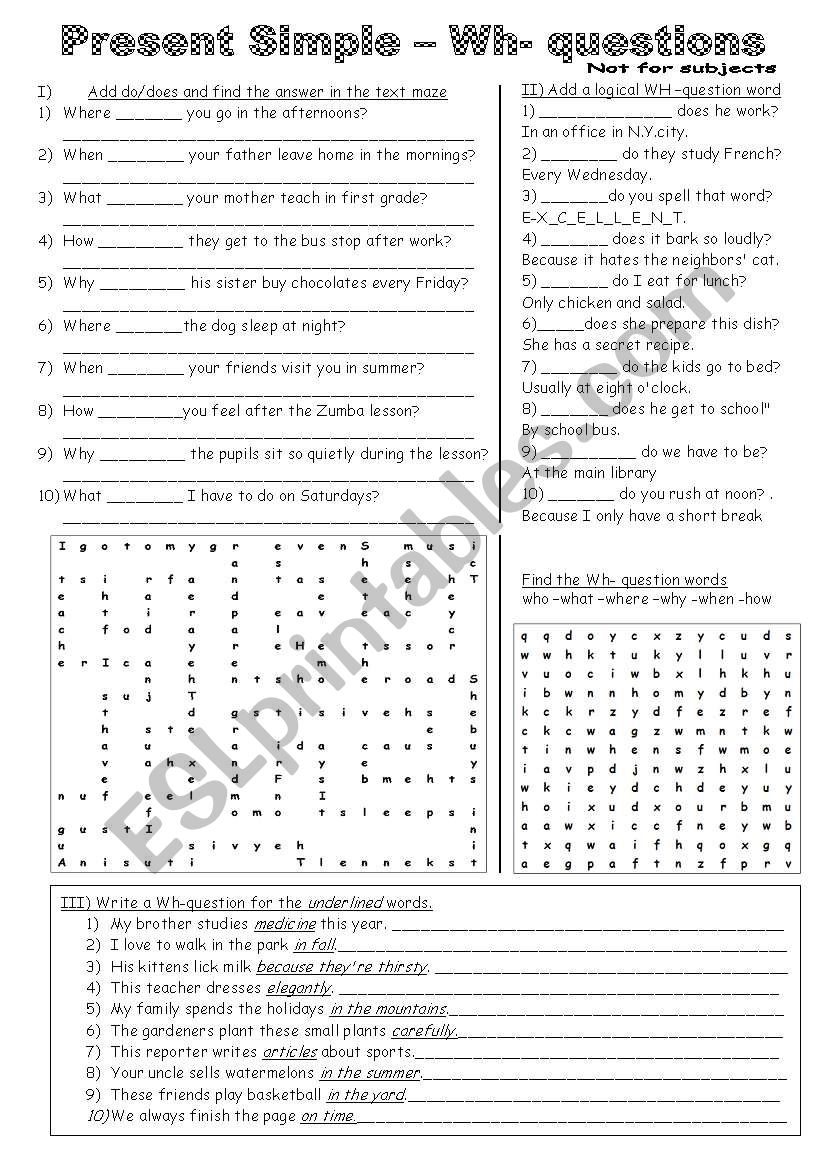 Wh- Questions in the Present Simple (not for subjects)