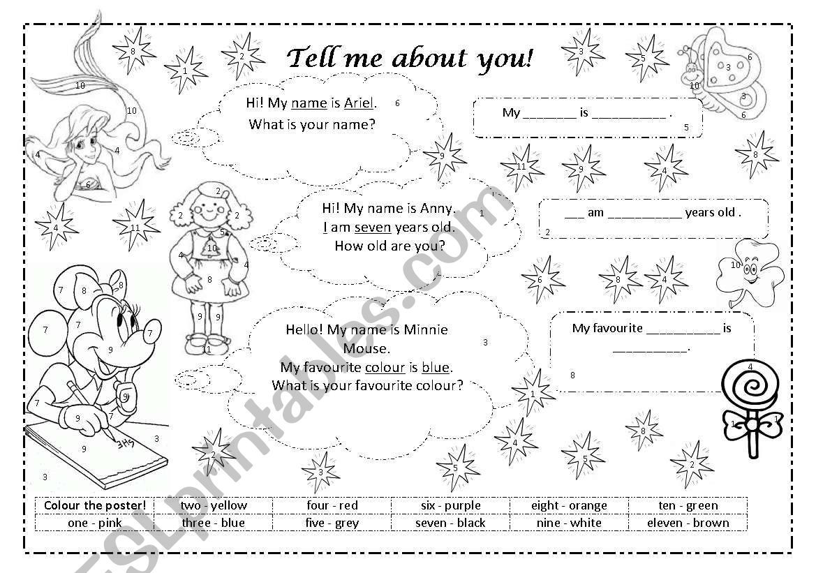 Tell me about you! Colours, numbers, name, age. For kids!