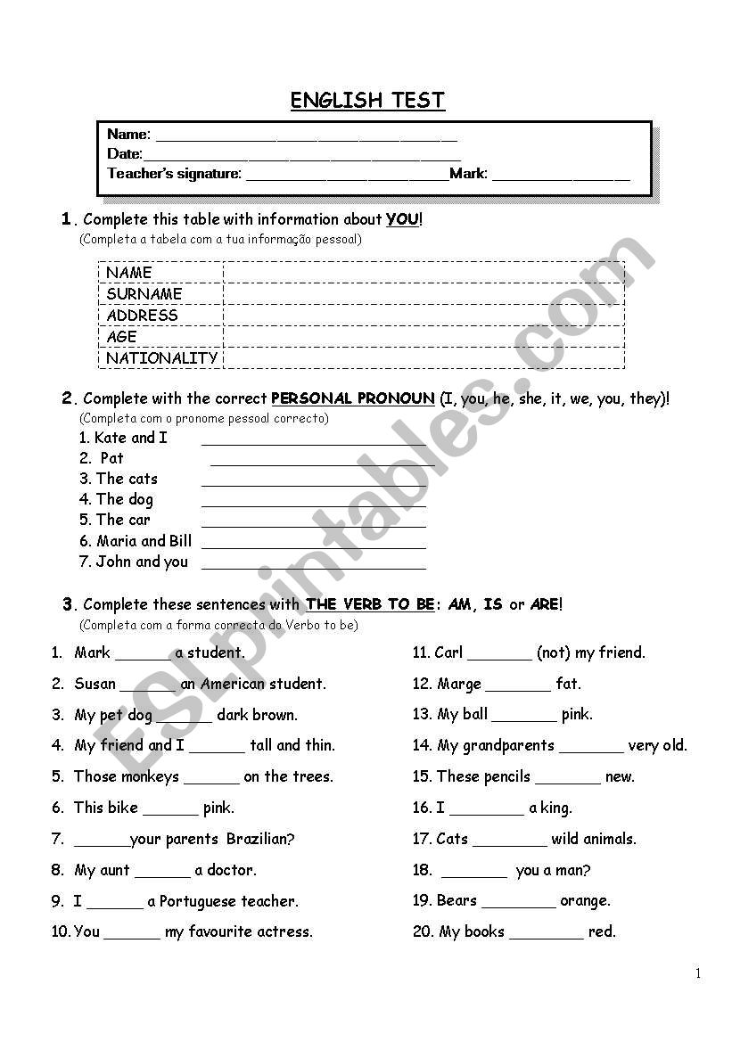English test (beginners) worksheet