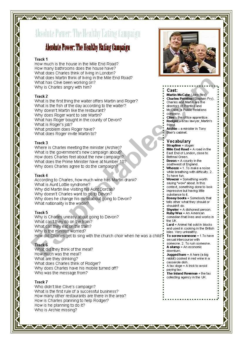 Absolute Power - Healthy Eating: Listening Comprehension Worksheet