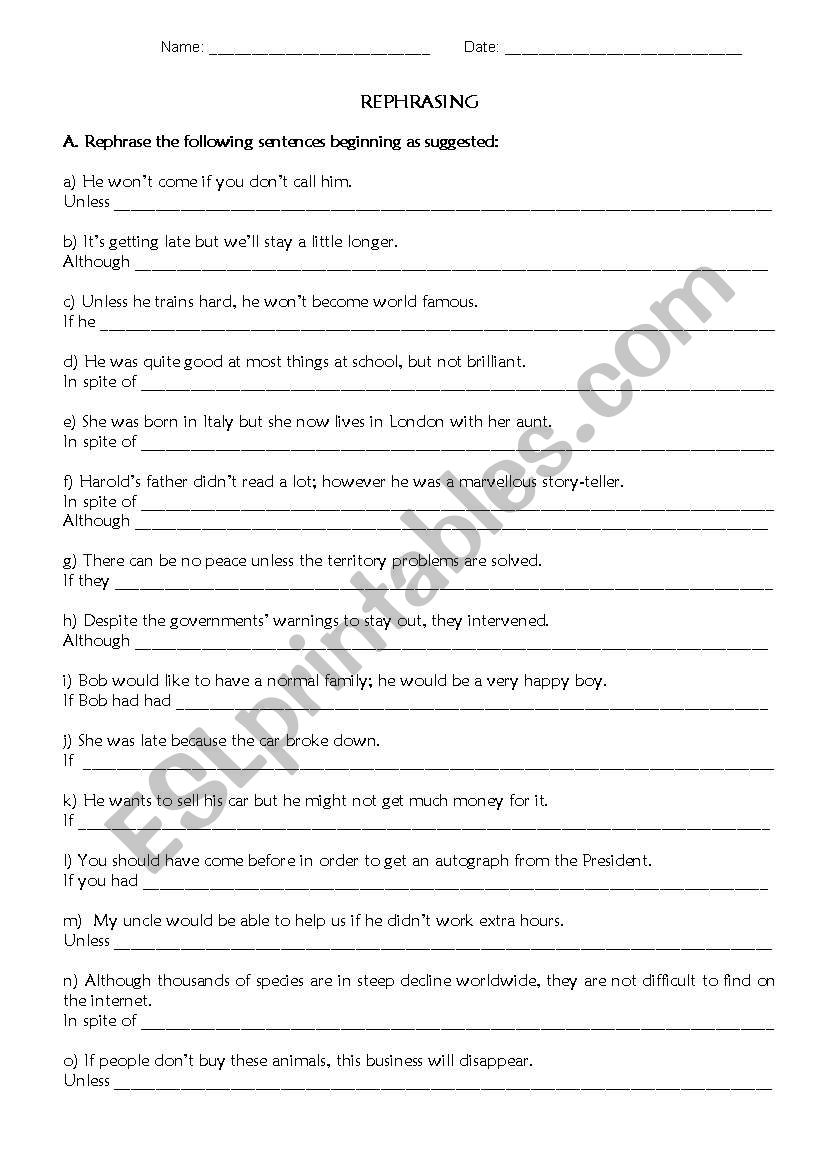 Rephrasing exercises worksheet