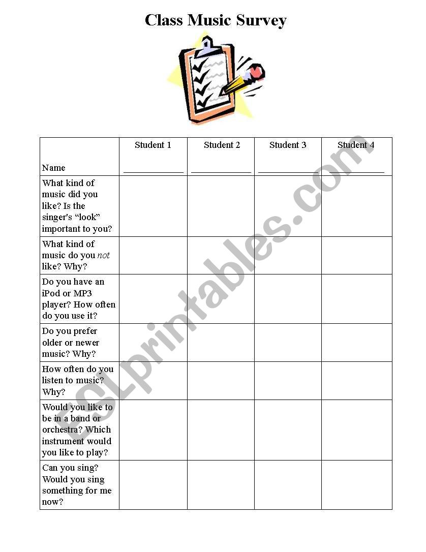 Class Music Survey worksheet