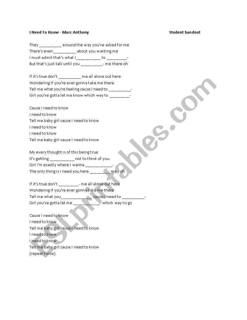 Song- I need to know worksheet