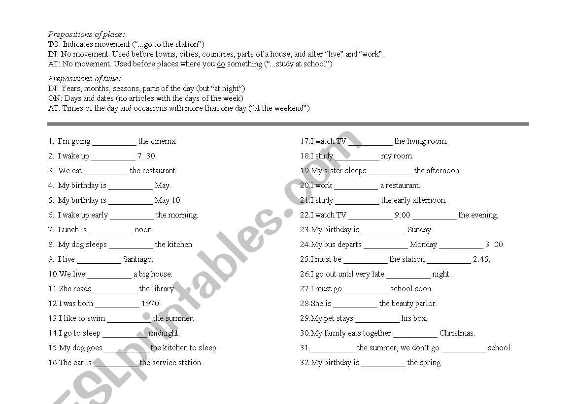 Place and time prepositions worksheet