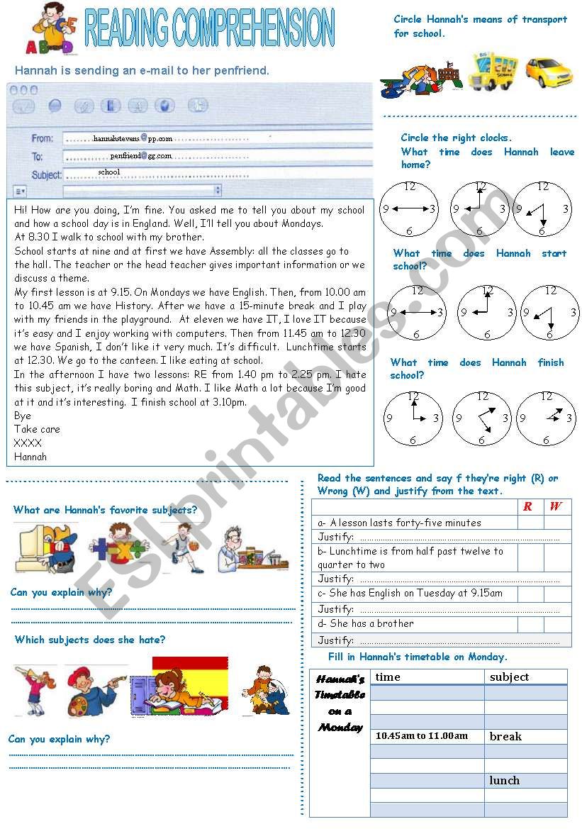 Reading-school subjects and times