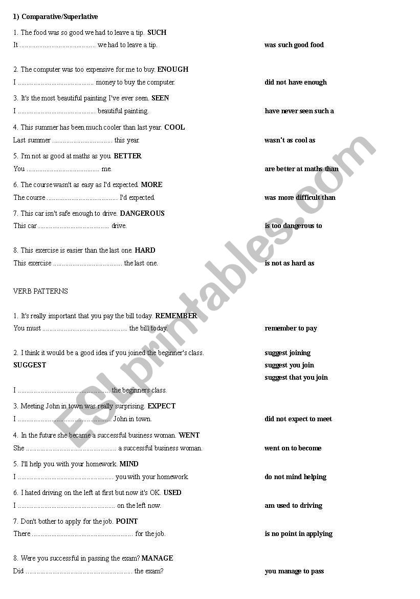 key transformation FCE worksheet