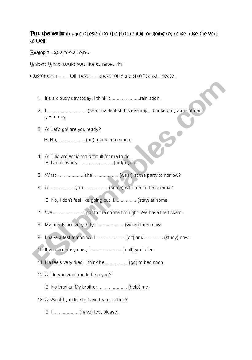 Will or going to worksheet