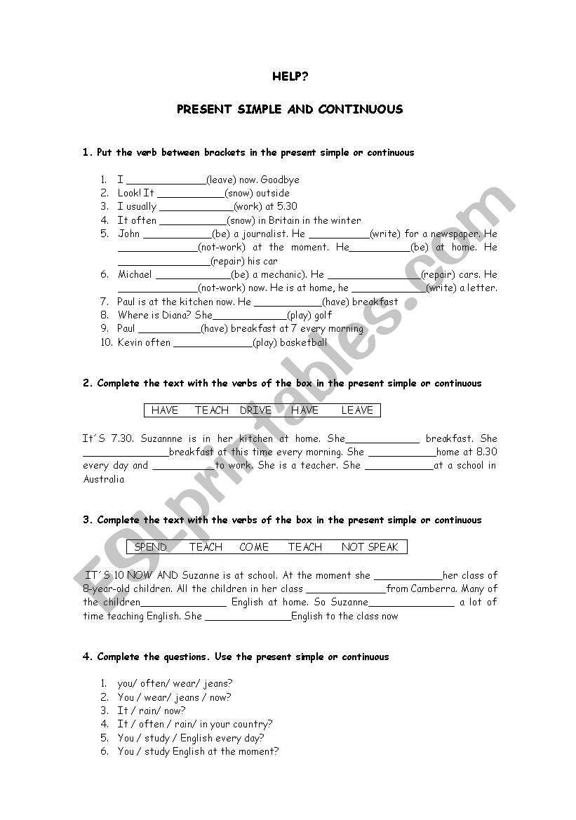 Present simple and continuous worksheet