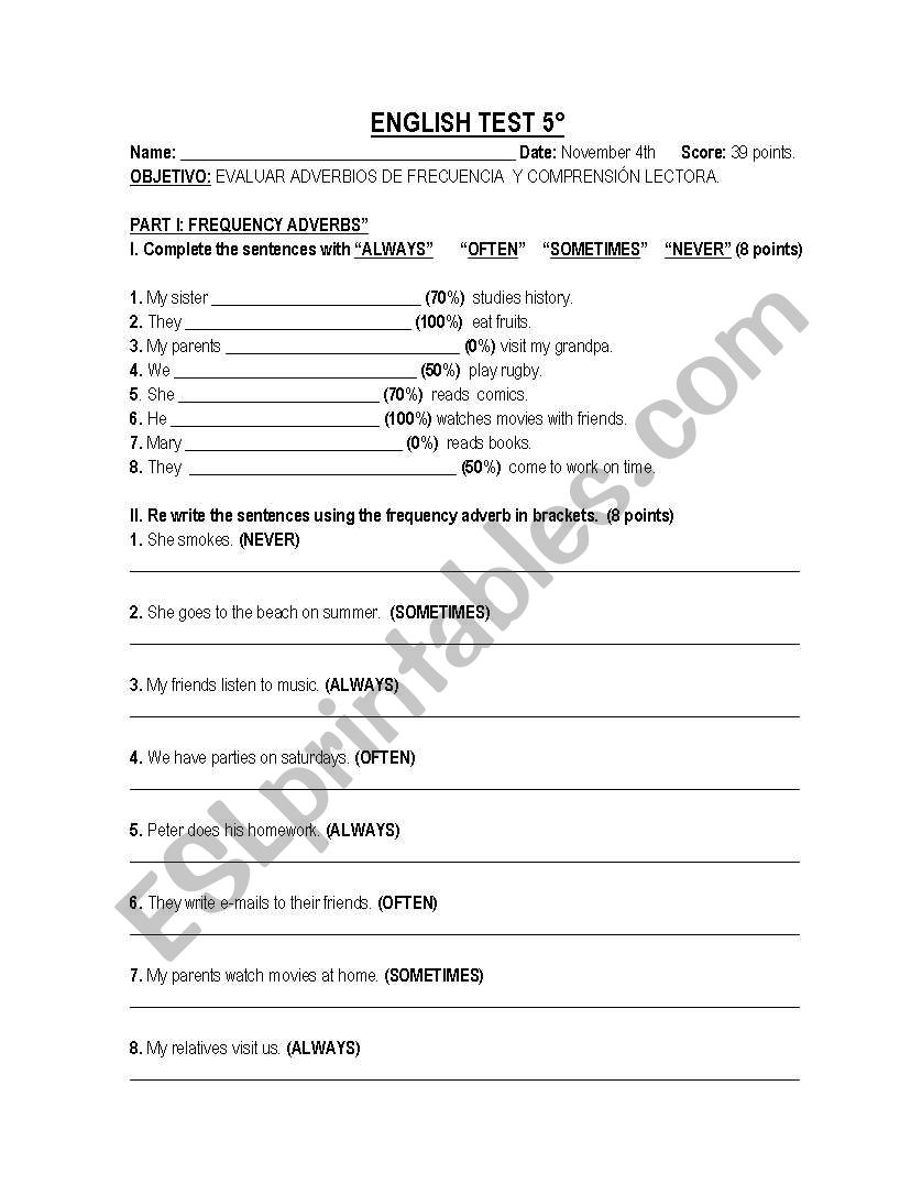 Frequency adverbs test  worksheet