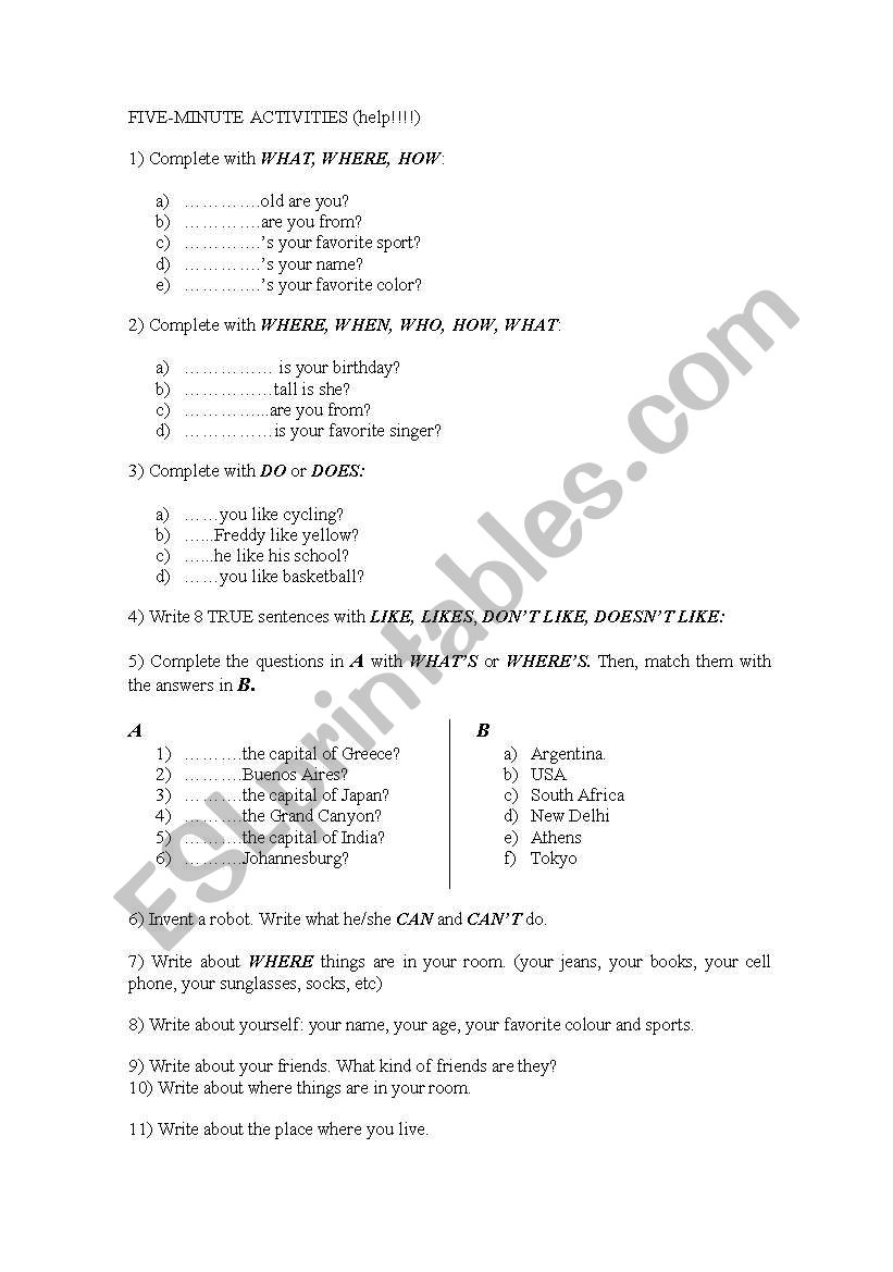 Five-minute-activities worksheet