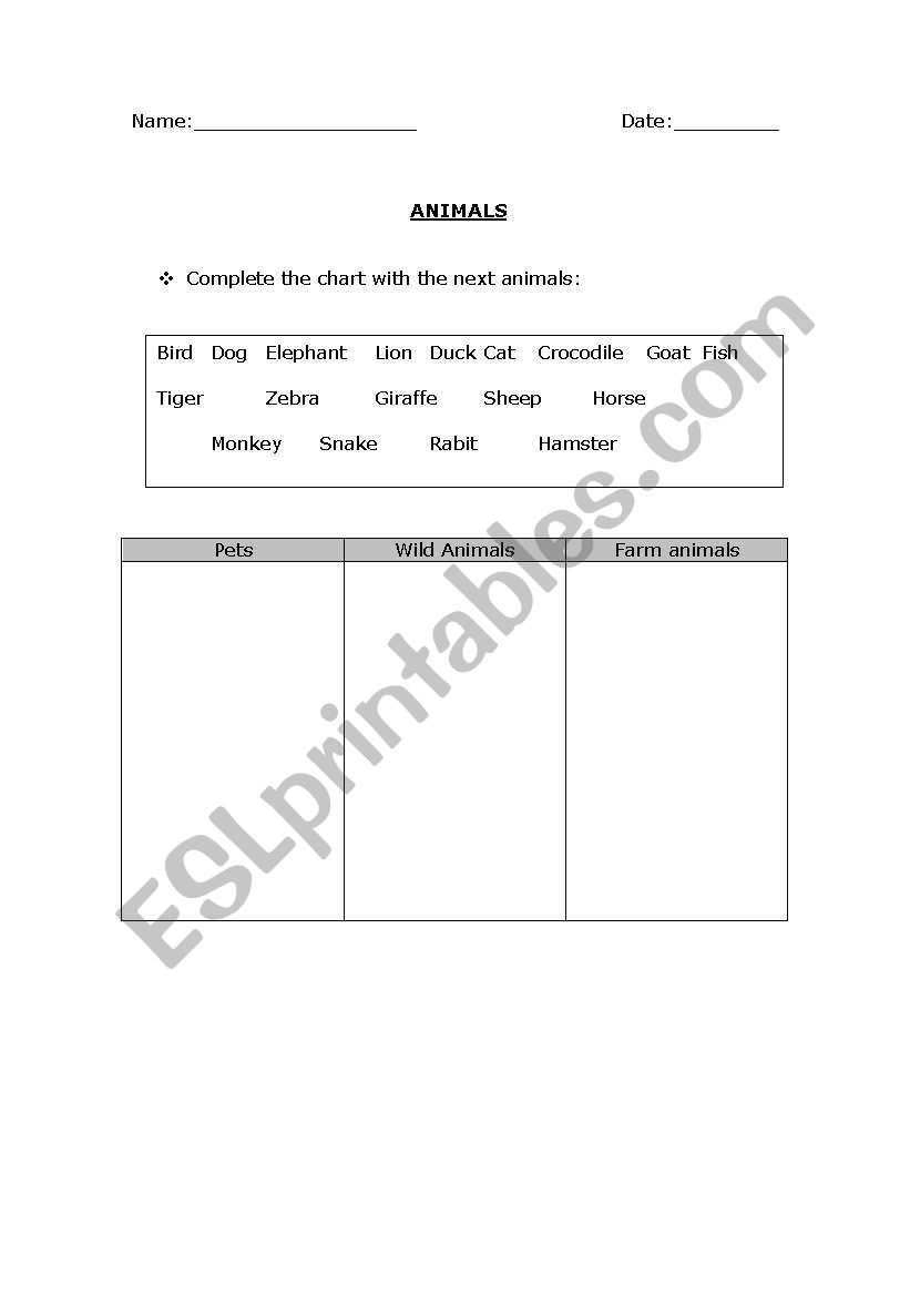 Animals worksheet