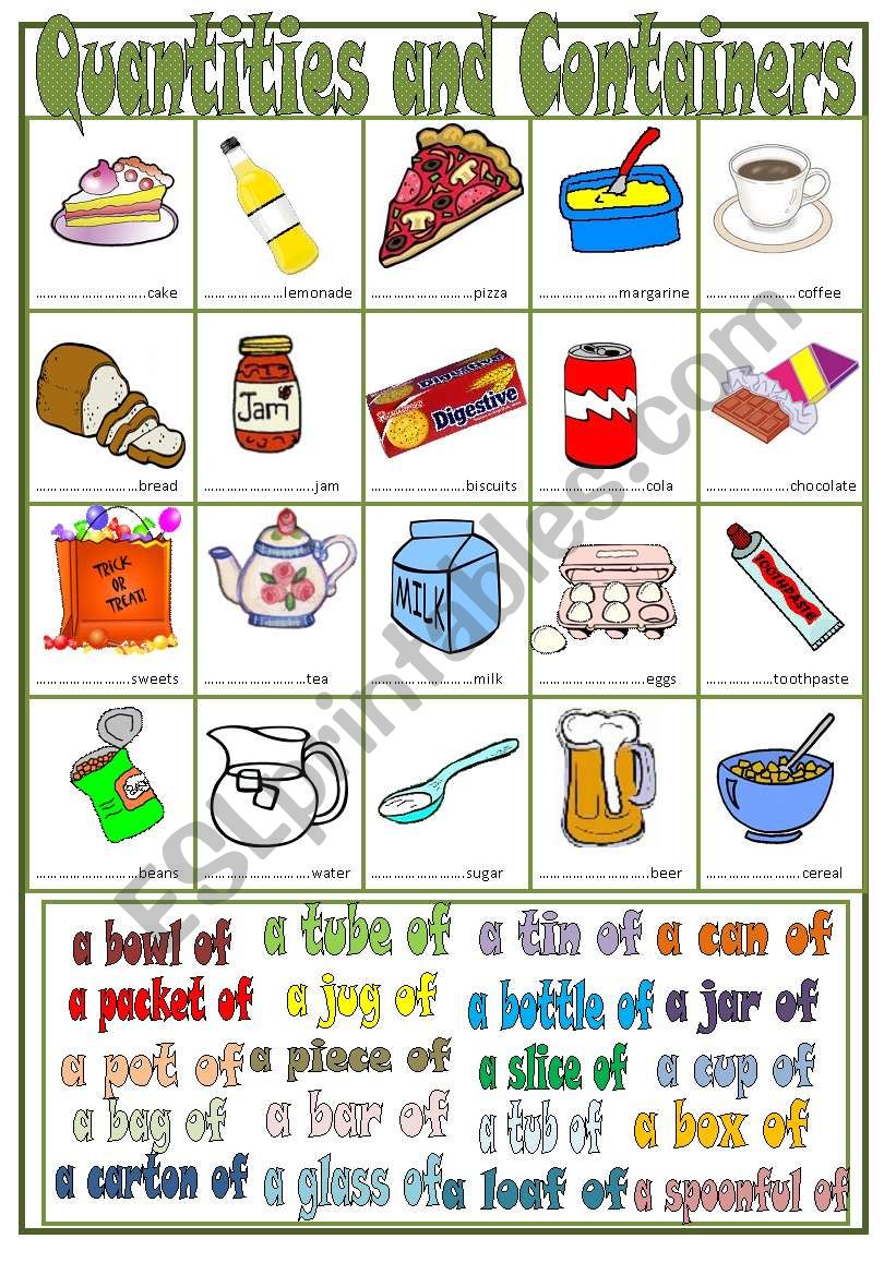 Quantities and Containers worksheet