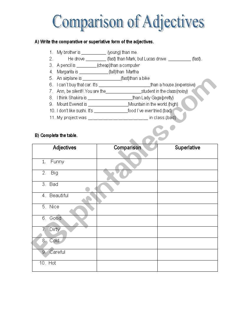 Comparison of Adjectives worksheet