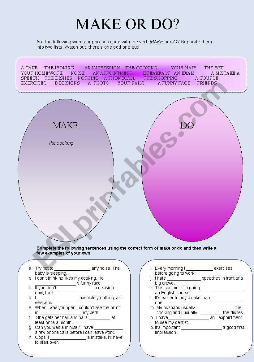 MAKE OR DO question cards worksheet