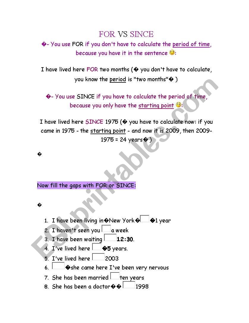 FOR vs SINCE worksheet