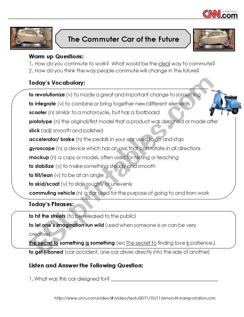CNN News Listening and Discussion - Future Commuter Car - ESL For Cnn Students News Worksheet