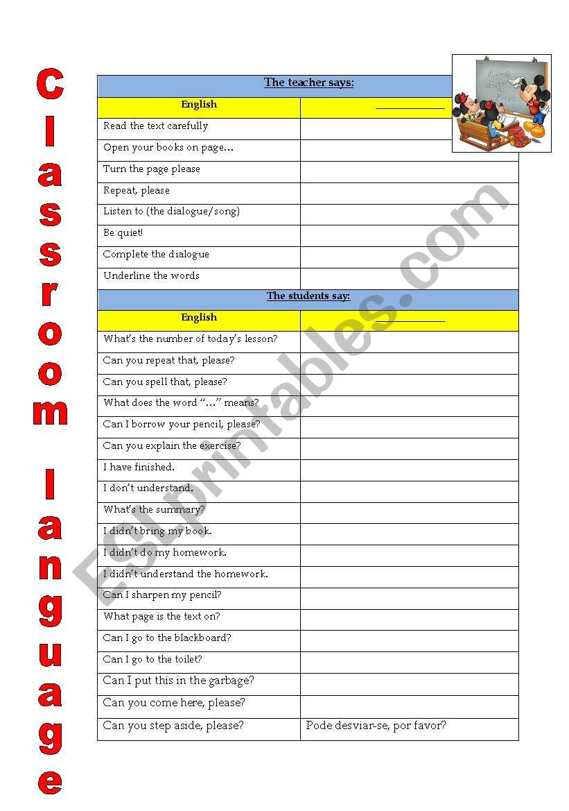 Classroom language worksheet