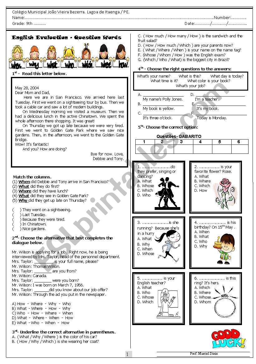 Question words worksheet