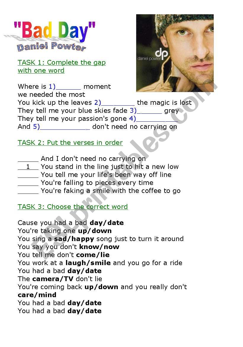Bad Day song by Daniel Powter worksheet