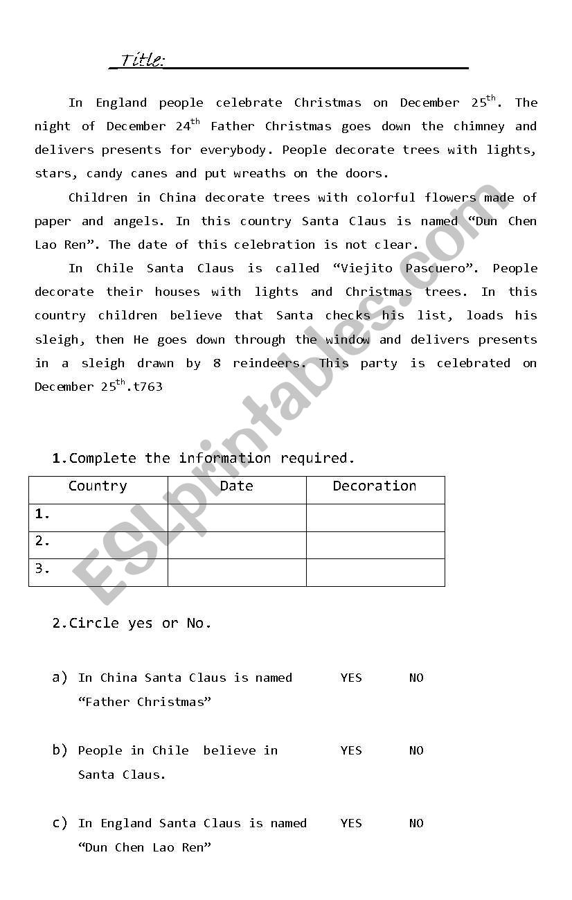 Christmas around the world worksheet