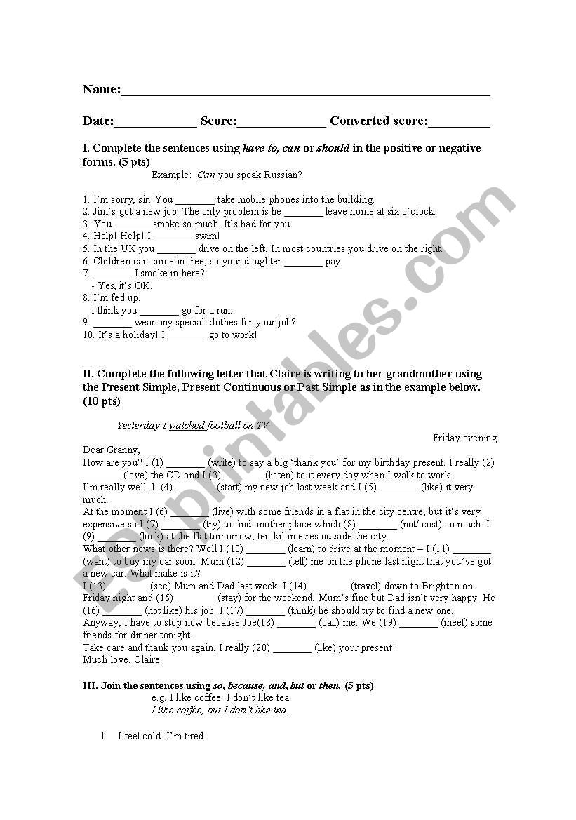 exam to test students in pre intermediate level