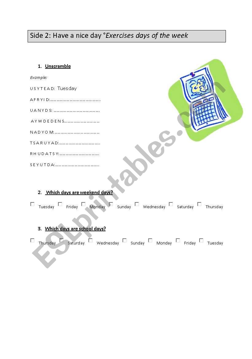 ex on days of the week worksheet