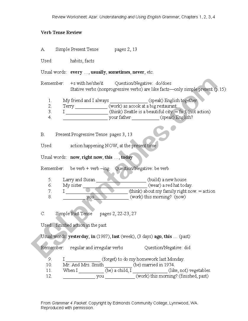 verb tense worksheet