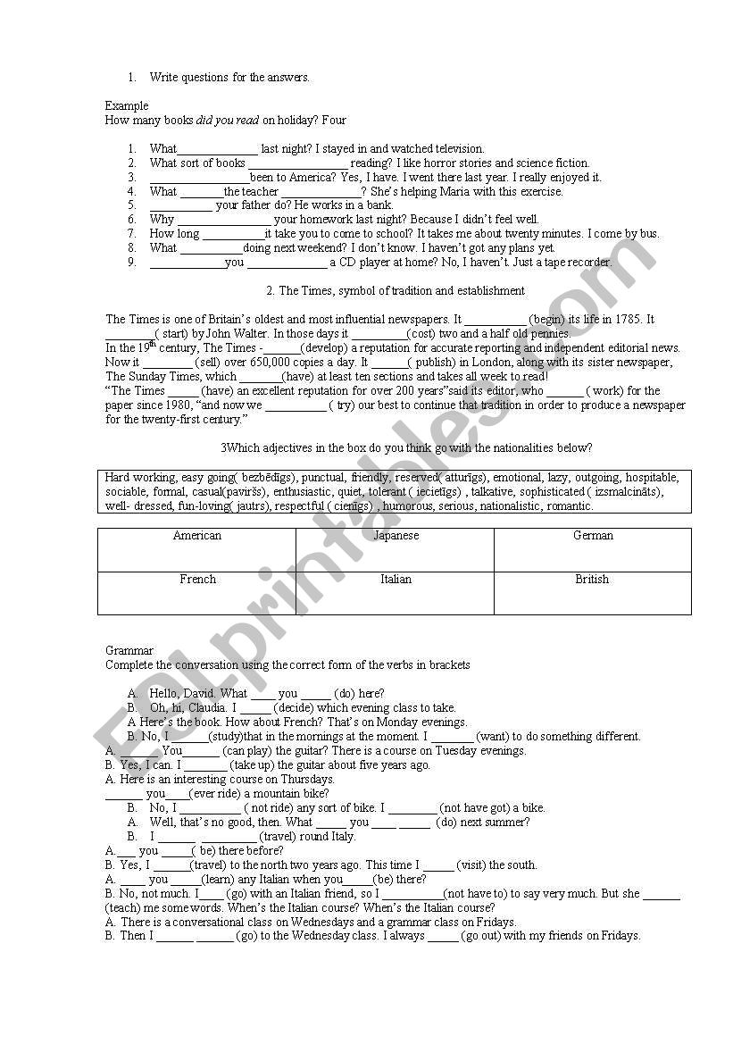 tenses worksheet