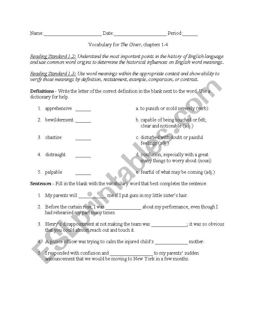 Vocabulary packets for The Giver