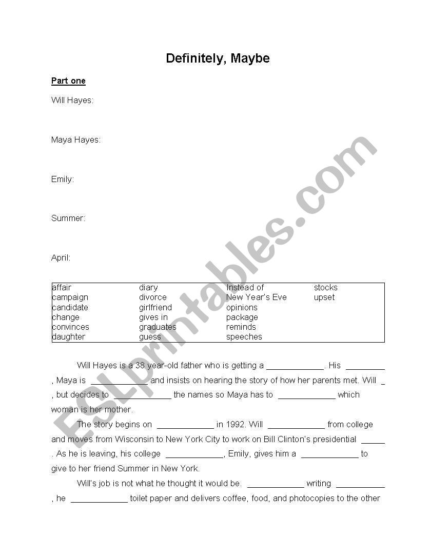 Definitely Maybe Part One worksheet