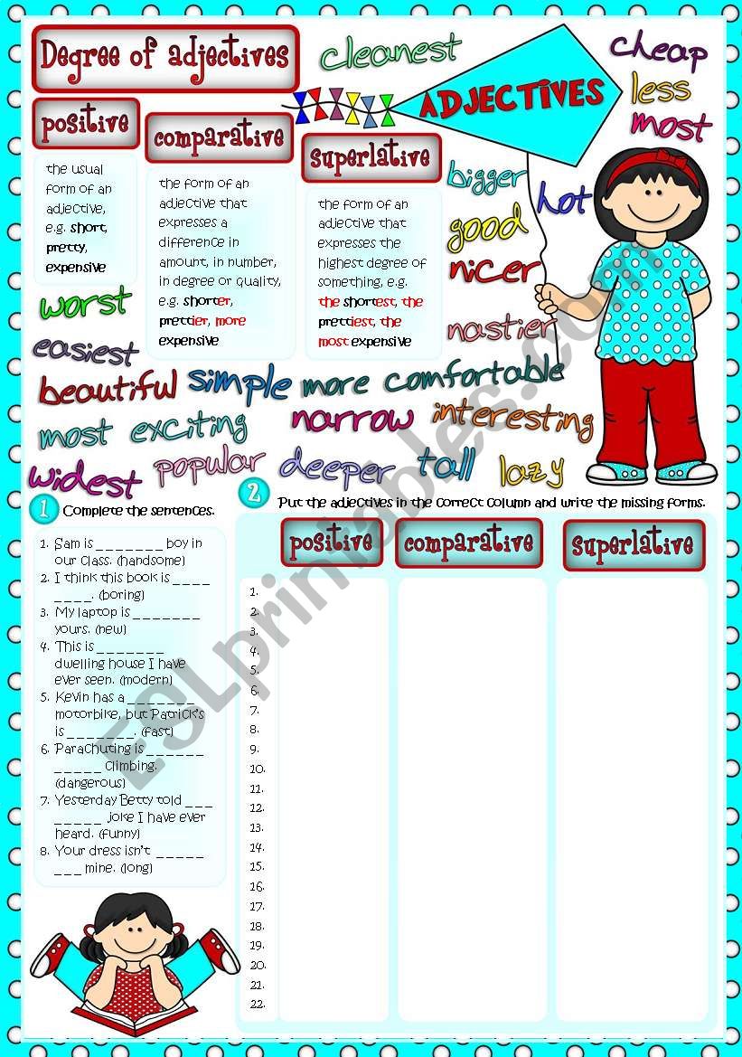 Types of adjectives - degree of adjectives *Greyscale + KEY included*