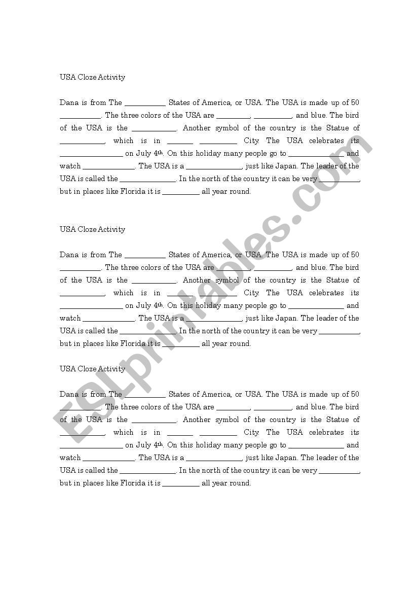 USA Cloze Activity worksheet