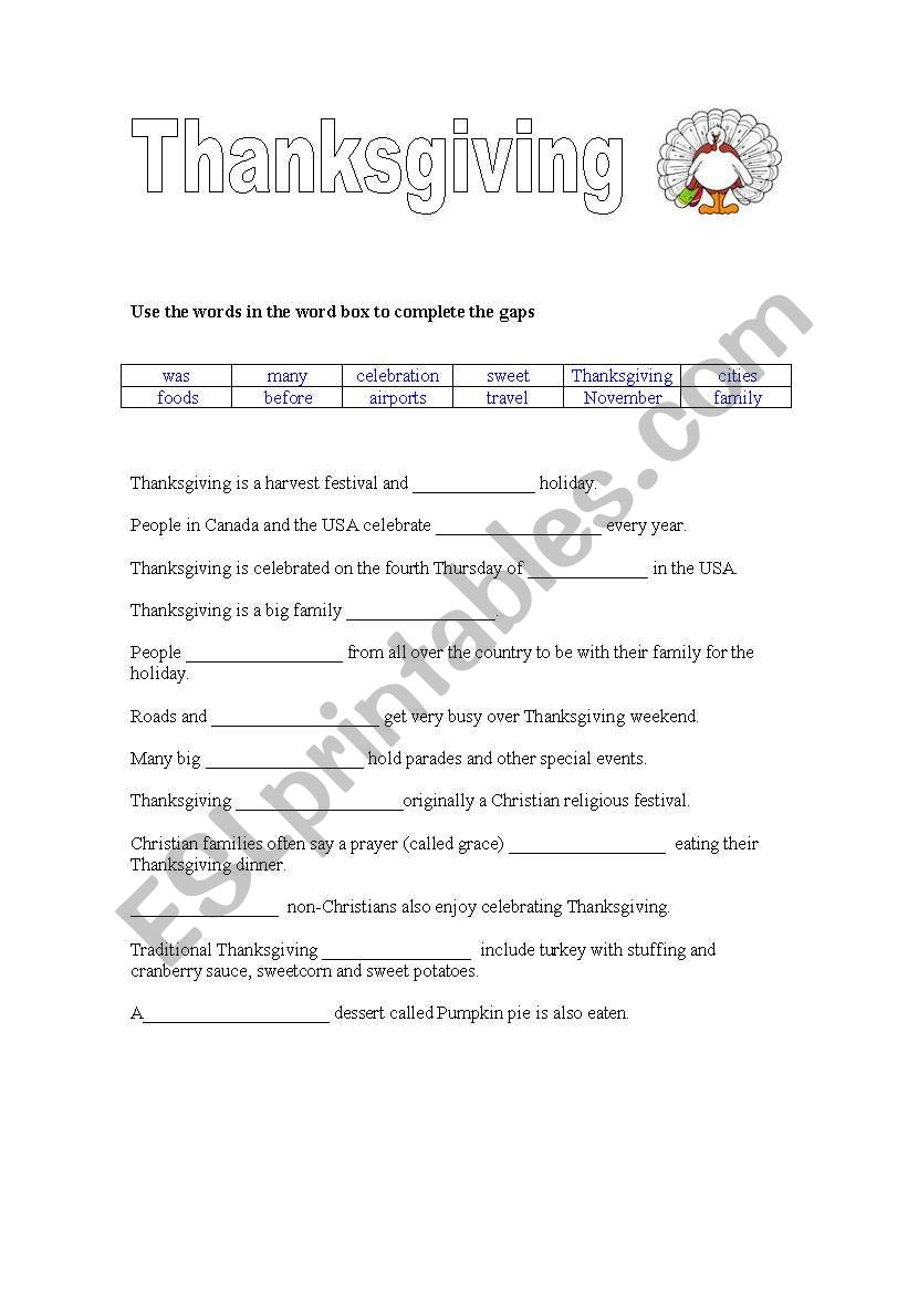 Thanksgiving day worksheet