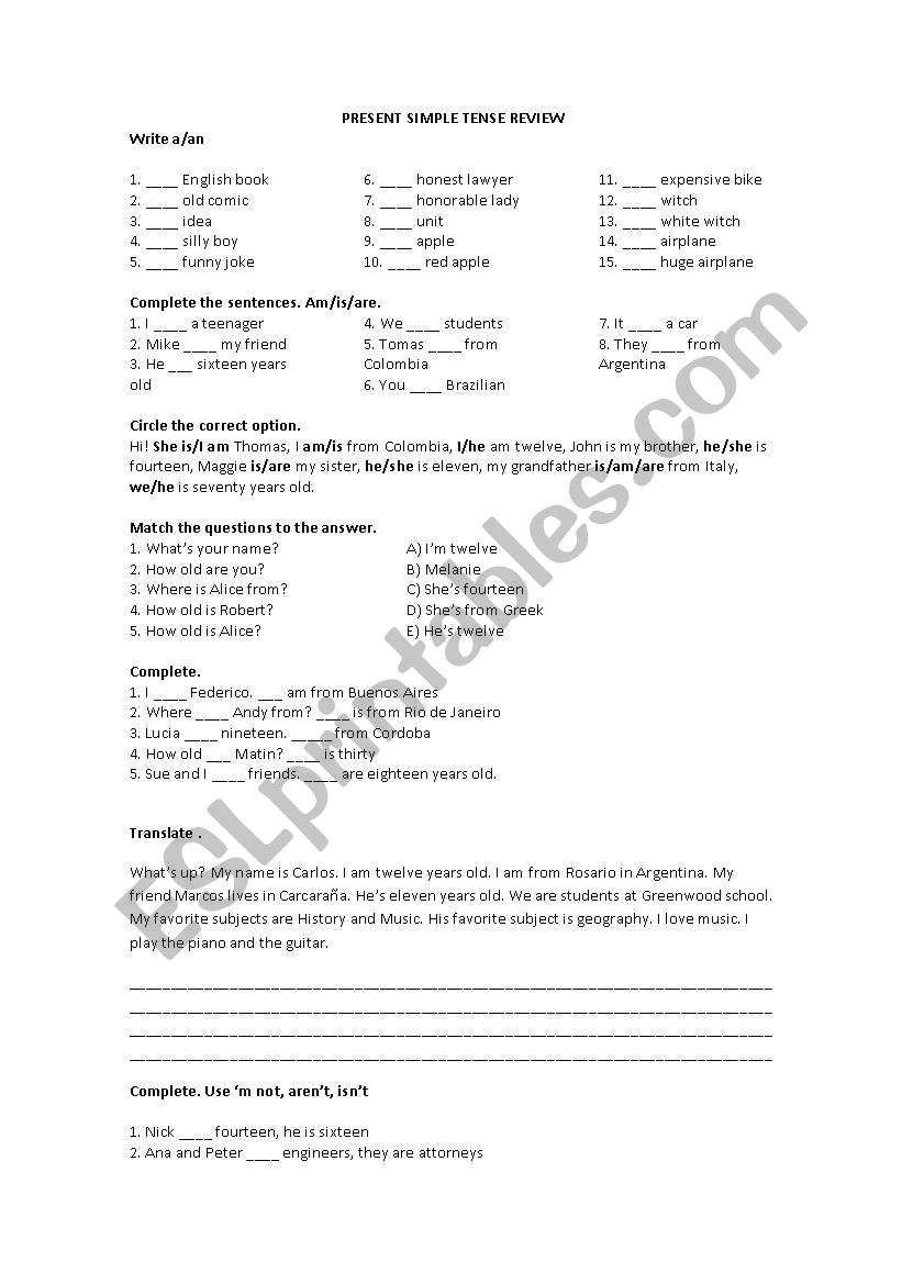 PRESENT SIMPLE TENSE REVIEW worksheet