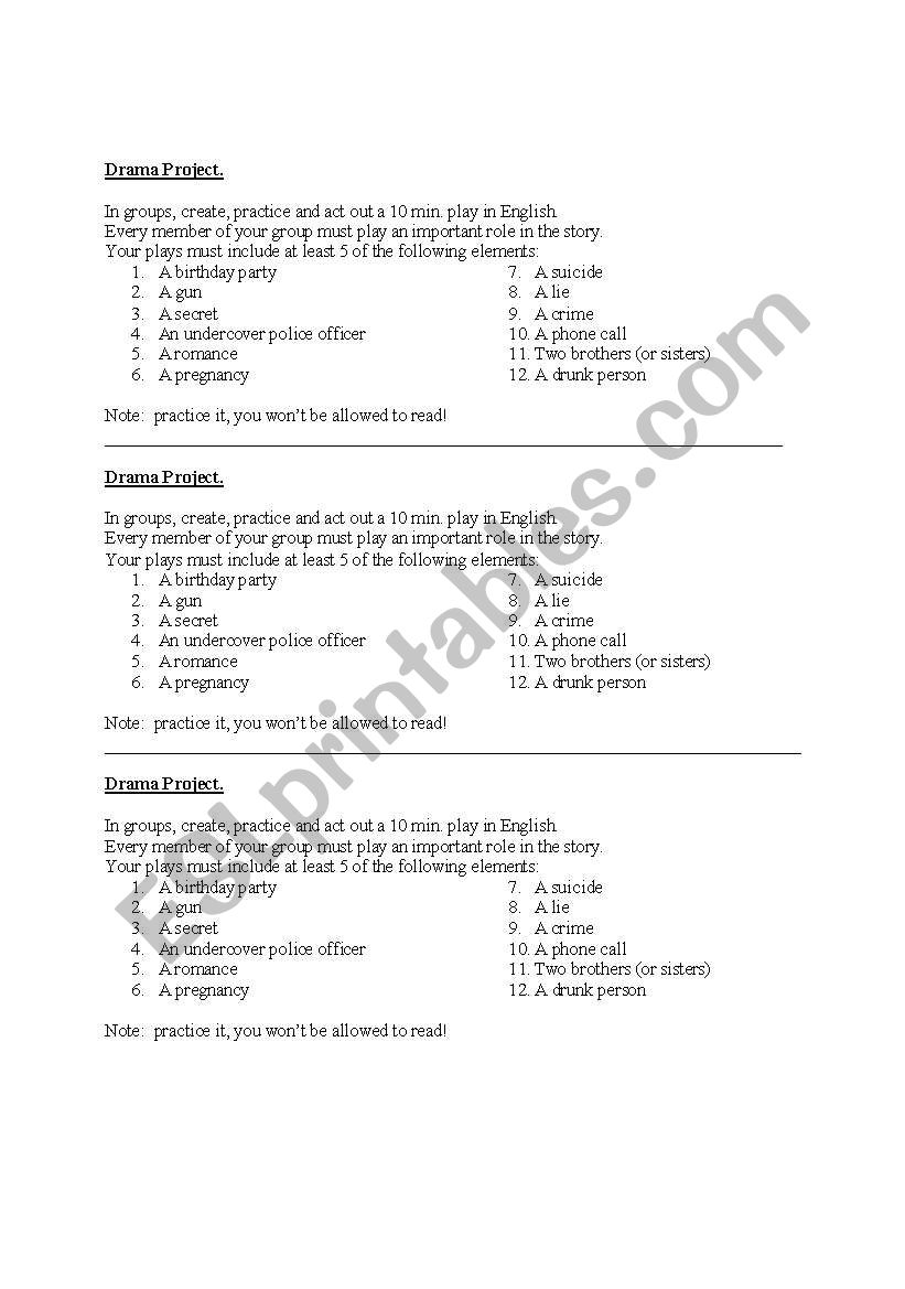 DRAMA PROJECT worksheet