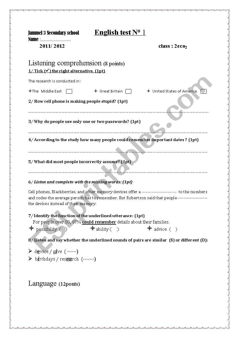 2ns year english test worksheet